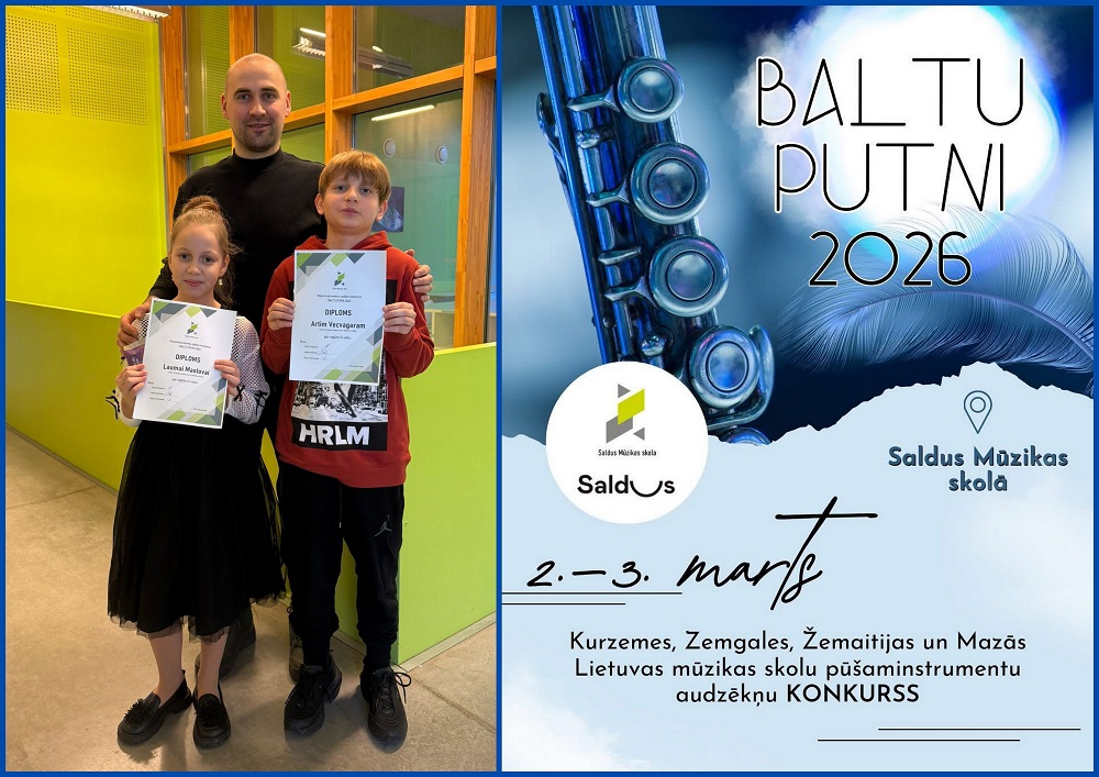 Kristaps Lubovs kopā ar audzēkņiem Laumu Maslovu un Arti Vecvagaru un konkursa BALTU PUTNI 2026 afiša.