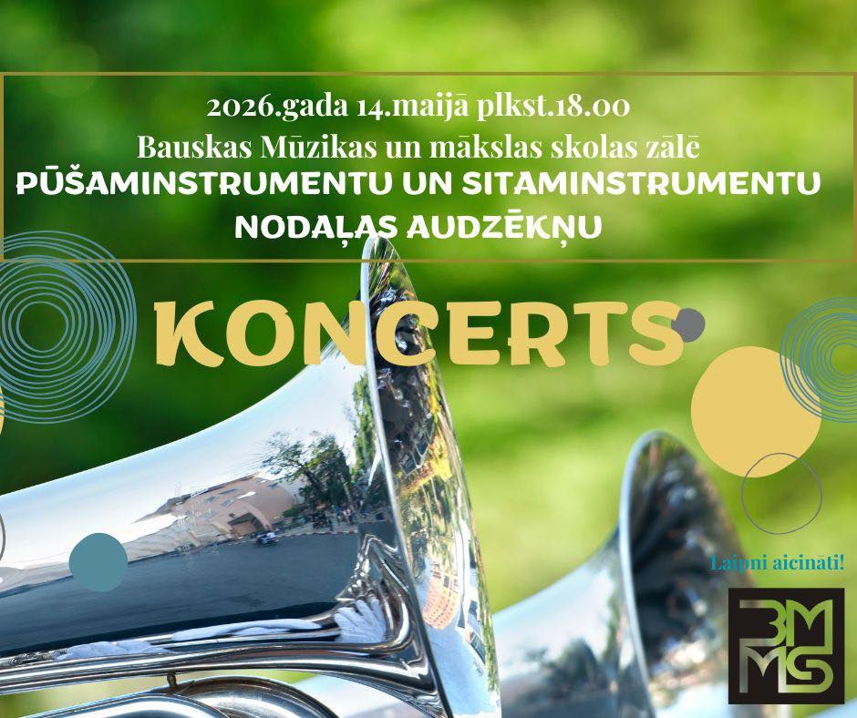 Pūšaminstrumentu un sitaminstrumentu nodaļas audzēkņu koncerta afiša.